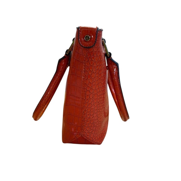 Anne Klein Faux Croc Embossed Tote Bag Orange Shoulder Purse Gold Hardware - Picture 10 of 16